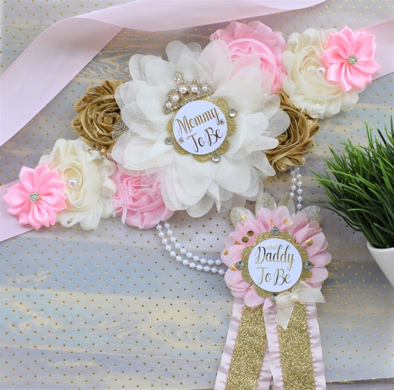 Princess Pink Gold Crown Princess Flower Sash, Pink Gold Maternity Sash, Pink Ivory Pregnant, Mommy and Daddy To Be, Princess Baby Shower