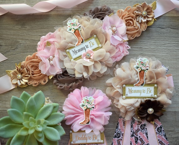 Pink Cowgirl Baby Shower, Pink Brown Cowboy Maternity Sash, Gender Reveal Cowboy Mommy To Be Ribbon, Daddy To Be Pin, Boot Hat Corsage Pin