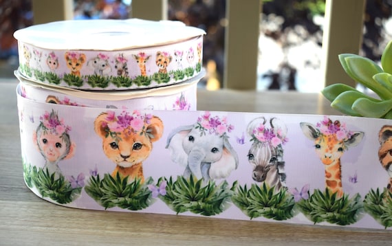 Pink Lavender Girl Animal Safari Ribbon, Baby Safari Ribbon, Diaper Cake Ribbon, Safari Jungle || 3 Yards of Ribbon -1" (25mm) / 3" (75mm)