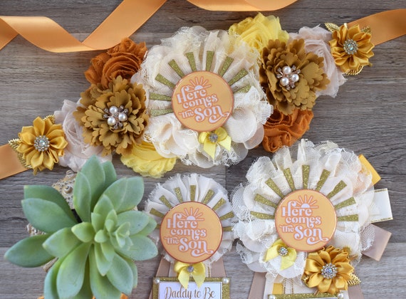 Here Come The Son Baby Shower, Neutral Yellow Ivory Maternity Sash, Mommy To Be Ribbon, Daddy To Be Pin, Gender Reveal, Here Come The Sun