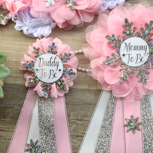 Pink Snowflake Baby Shower, Pink Silver Maternity Sash, Snowflake Mommy To Be Ribbon, Daddy To Be Pin, Baby Shower Gift, Custom