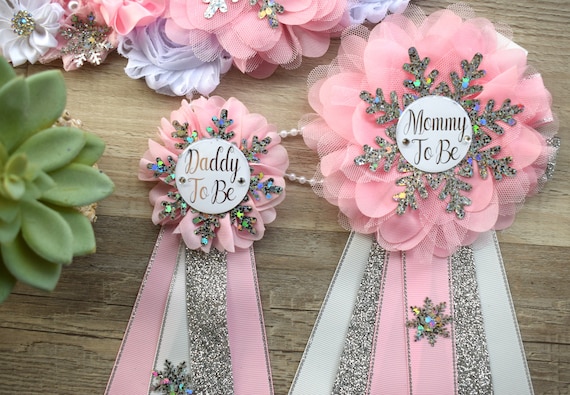 Pink Snowflake Baby Shower, Pink Silver Maternity Sash, Snowflake Mommy To Be Ribbon, Daddy To Be Pin, Baby Shower Gift, Custom