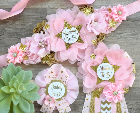Pink Twinkle Twinkle Little Star Baby Shower, Gold White Star Maternity Sash, Twinkle Gender Reveal, Mommy To Be Ribbon, Daddy To Be Pin