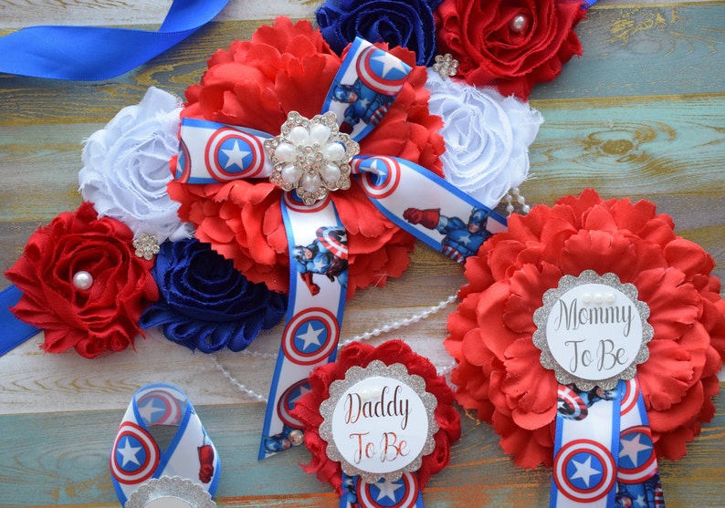 Red Blue White Hero Flower Sash Red Blue Flower Sash Custom Captain America Baby Shower Avenger Maternity Sash Superhero Baby Shower
