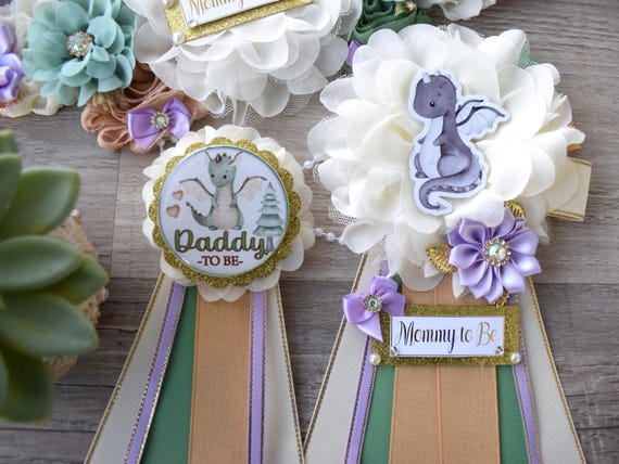 Girl Dragon Baby Shower, Dragon Mommy To Be Ribbon Pin, Dragon Maternity Sash, Dragon Daddy to Be Pin, Dragon Diaper Cake, Cupcake - S0002