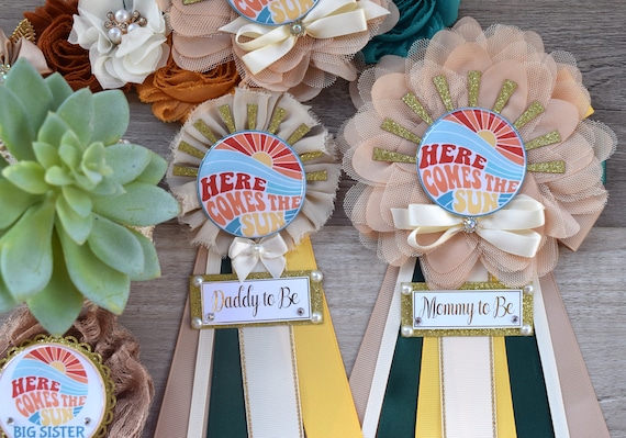 Here Come The Sun Baby Shower, Neutral Yellow Ivory Maternity Sash, Mommy To Be Ribbon, Daddy To Be Pin, Gender Reveal, Here Come The Son