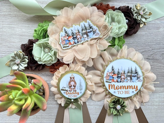 Winter Woodland Baby Shower, Snow Woodland Maternity Sash, Woodland Mommy To Be Pin, Daddy To Be Pin, Baby Shower Gift, Custom Order Welcome