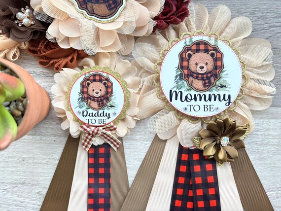 Lumberjack Bear Plaid Baby Shower, Buffalo Plaid Maternity Sash, Mommy To Be Pin, Daddy To Be Pin, Baby Shower Gift, Custom Order Welcome