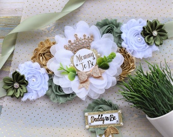 Greenery Maternity Sash, Baby Shower, Green White Gold Belly Sash, Greenery Flower Sash, Greenery Baby Shower Maternity Sash, Custom