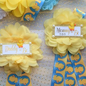 Rubber Duck Baby Shower, Ducky Flower Sash, Mommy To Be Ribbon, Daddy To Be Corsage Pin, Yellow Blue White Duck Baby Shower Sash, Custom image 7