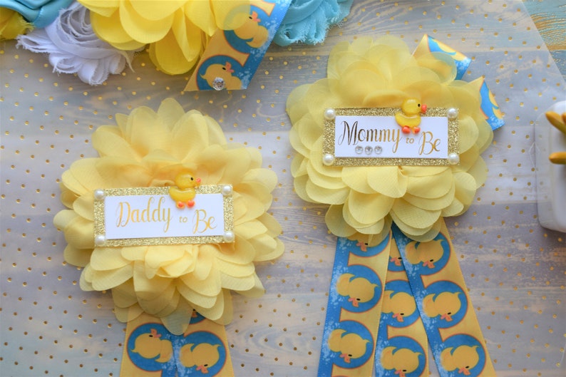 Rubber Duck Baby Shower, Ducky Flower Sash, Mommy To Be Ribbon, Daddy To Be Corsage Pin, Yellow Blue White Duck Baby Shower Sash, Custom image 7