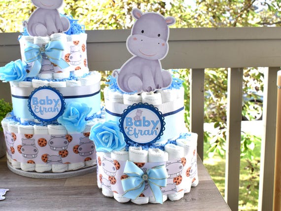 Boy Rhino Baby Shower Diaper Cake, 2 Tier Diaper Cake Centerpieces Decor, Boy Rhino Baby Shower, Room Nursery Decor, New Mom Gifts - S00024