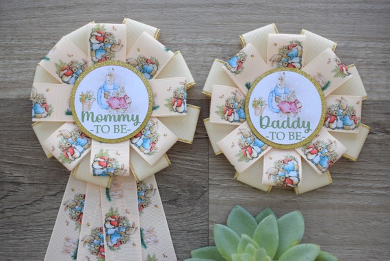 Neutral Gender Reveal Rabbit Baby Shower, Rabbit Bunny Mommy to Be Ribbon Pin, Daddy To Be Pin, Parent's To Be Pins
