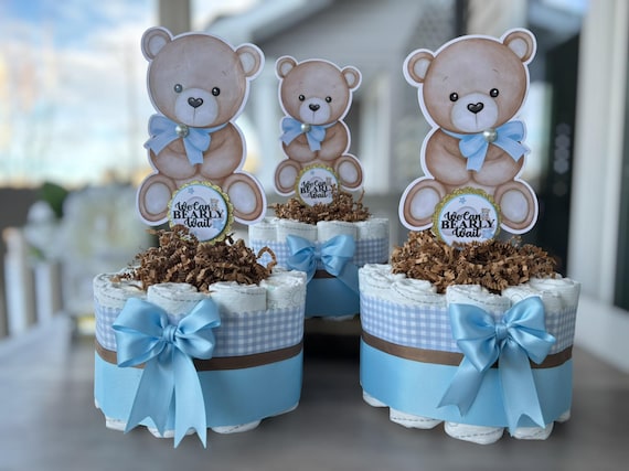 Blue Teddy Bear Mini Diaper Cake Baby Shower, Boy Colors Baby Shower Centerpieces Decoration, Nursery Decor, New Mom Gifts, Baby Shower Gift