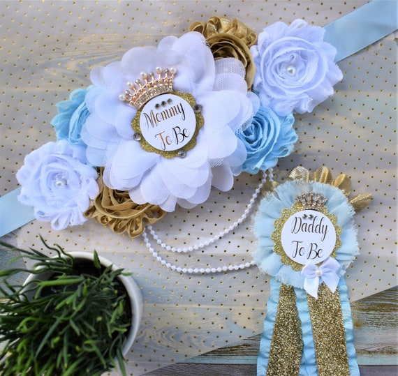 Blue Gold Princess Flower Sash, Blue Gold Maternity Sash, Blue Gold White Pregnant Sash, Mommy and Daddy To Be, Princess Baby Shower, Custom