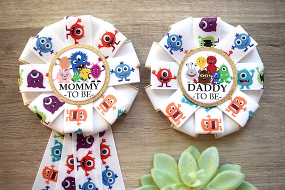 Baby Monsters Baby Shower, Little Monster Mommy To Be Ribbon Pin, Daddy To Be Pin, Parent's To Be Pin, Custom