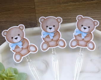 12 Boy Teddy Bear Cupcake Toppers, Baby Shower and Party, Cupcake, Bear Baby Shower Decorations - S00014