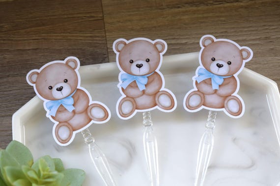 12 Boy Teddy Bear Cupcake Toppers, Baby Shower and Party, Cupcake, Bear Baby Shower Decorations - S00014