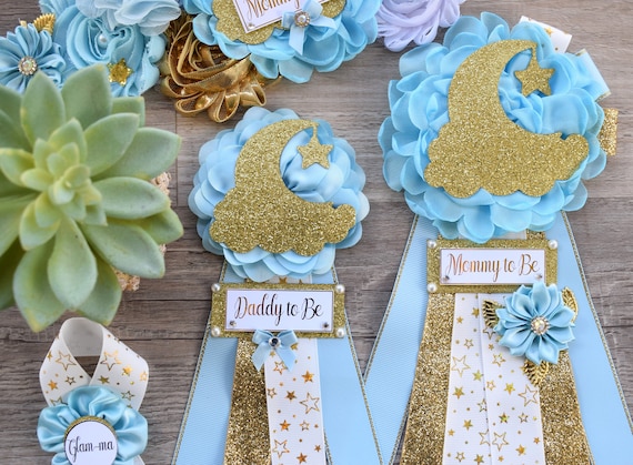 Boy Twinkle Twinkle Little Star Baby Shower, Moon Maternity Sash, Blue White Gold Twinkle Star Mommy To Be Pin, Twinkle Star Daddy To Be Pin