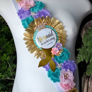 Mermaid Shoulder Sash, Little Mermaid Baby Shower, Purple Aqua Pink Gold Shoulder Sash, Pregnant Gift, Present for Baby Shower, Custom Sash