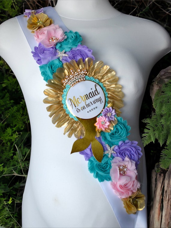 Mermaid Shoulder Sash, Little Mermaid Baby Shower, Purple Aqua Pink Gold Shoulder Sash, Pregnant Gift, Present for Baby Shower, Custom Sash