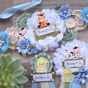 Boy Farm Animal Baby Shower, Barn Animal Baby Shower, Cow Sheep Horse Mommy To Be Ribbon Pin, Farm Daddy To Be Ribbon Pin - S0007