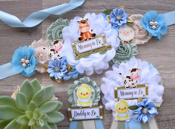 Boy Farm Animal Baby Shower, Barn Animal Baby Shower, Cow Sheep Horse Mommy To Be Ribbon Pin, Farm Daddy To Be Ribbon Pin - S0007
