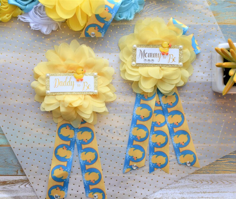 Rubber Duck Baby Shower, Ducky Flower Sash, Mommy To Be Ribbon, Daddy To Be Corsage Pin, Yellow Blue White Duck Baby Shower Sash, Custom image 9