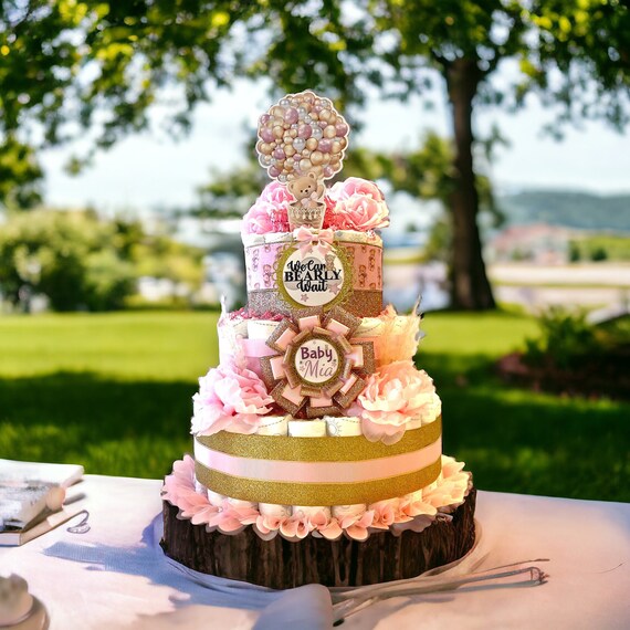Pink Bear Diaper Cake Baby Shower, Girl Pink Teddy Bear Baby Shower Centerpieces Decorations, We Can Bearly Wait, Baby Shower Decor - S0011