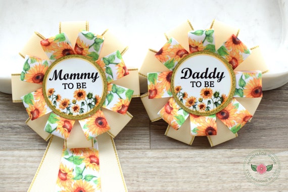 Sunflower Baby Shower, Yellow Sunflower Corsage Pin, Mommy To Be Ribbon, Daddy To Be Pin, Gender Reveal Baby Shower