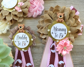 Girl Teddy Bear Baby Shower, Pink Bear Mommy Bear Maternity Sash, Papa Teddy Bear Mommy Daddy To Be Corsage, Pink Girl Teddy Bear, Custom
