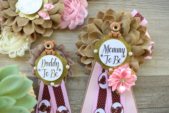 Girl Teddy Bear Baby Shower, Pink Bear Mommy Bear Maternity Sash, Papa Teddy Bear Mommy Daddy To Be Corsage, Pink Girl Teddy Bear, Custom