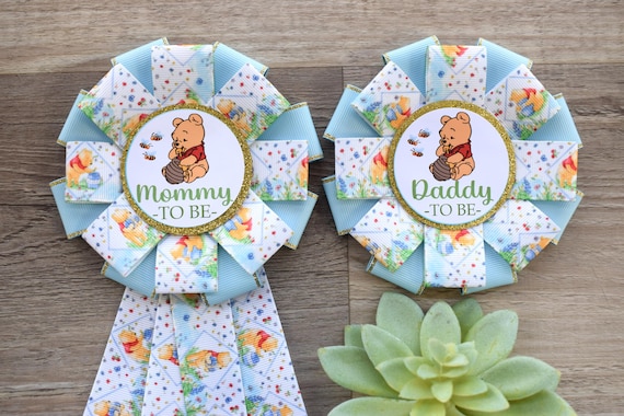 Boy Winnie The Pooh Baby Shower, Blue Winnie the Pooh Mommy To Be Ribbon, Daddy To Be Pin, Winnie the Pooh Family Pins, Parent's To Be Pins