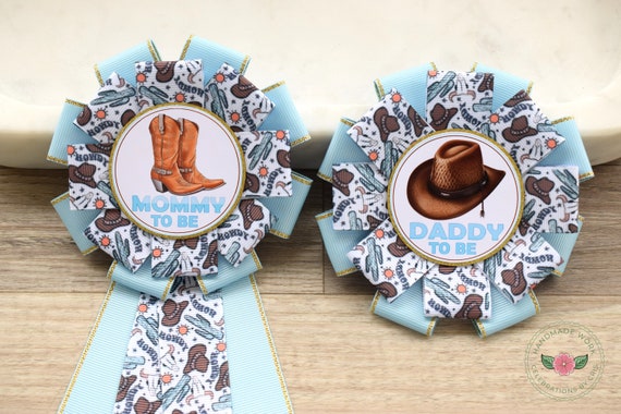 Blue Cowboy Baby Shower, Boy Cowboy Mommy To Be Ribbon Pin, Daddy To Be Pin, Blue Brown Boot and Hat Corsage Pin