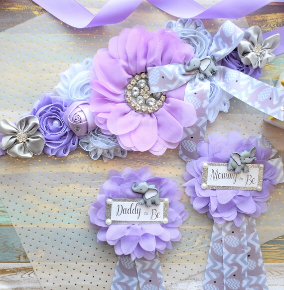 Lavender Elephant Baby Shower, Girl Elephant Maternity Sash, Mommy To Be Pin, Daddy To Be Pin, Baby Shower Gift, Custom Order Welcome