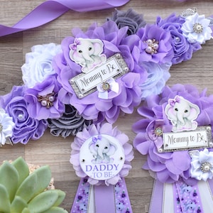 Lavender Grey Elephant Baby Shower, Lavender Grey Elephant Sash and Pin Set, Purple Elephant Belly Sash, Lilac Flower Maternity Sash, Custom