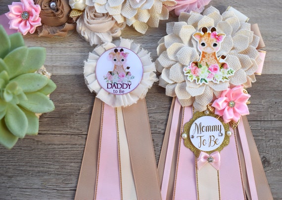 Giraffe Baby Shower, Giraffe Maternity Sash, Girl Giraffe Mommy and Daddy To Be Pin, Pink Flower Sash, Safari Giraffe Corsage Pin, Giraffe