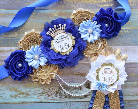 Royal Gold Prince Flower Sash, Royal Gold Maternity Sash, Royal Gold Pregnant Sash, Mommy and Daddy To Be, Royal Prince Baby Shower, Custom
