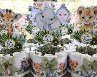 Jungle Safari Mini Diaper Cake Baby Shower, Baby Shower Centerpieces Decorations, Boy Room Nursery Decor, New Mom Gifts, Baby Shower Gift