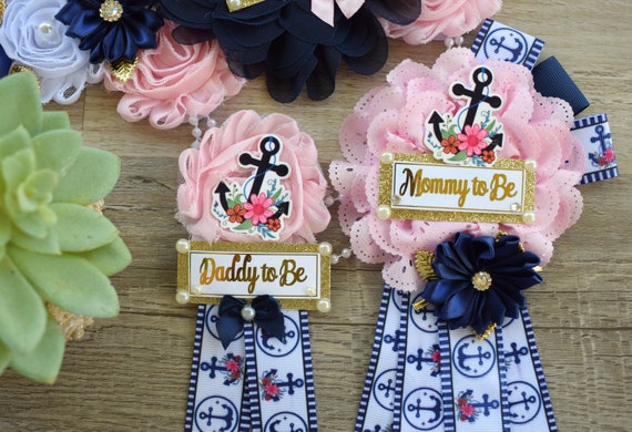 Girl Nautical Anchor Baby Shower, Pink Navy Blue Flower Sash, Ahoy Nautical Maternity Belly Sash, Nautical Daddy To Be Pin and Mommy To Be