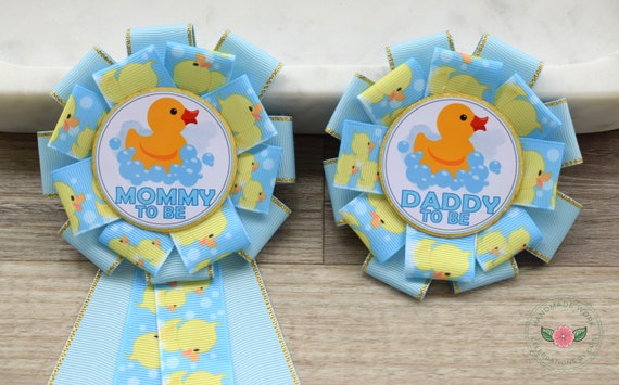 Boy Blue Ducky Baby Shower, Rubber Duck Mommy To Be Ribbon, Yellow Rubber Duck Daddy To Be Pin, Gift Baby Shower