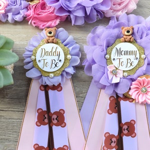 Pink Lavender Teddy Bear Baby Shower, Mama Bear Maternity Sash, Papa Bear Daddy To Be Pin, Mommy To Be Ribbon, Pink Girl Teddy Bear, Custom