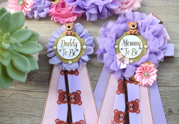 Pink Lavender Teddy Bear Baby Shower, Mama Bear Maternity Sash, Papa Bear Daddy To Be Pin, Mommy To Be Ribbon, Pink Girl Teddy Bear, Custom
