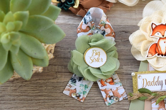 Woodland Baby Shower, Sage Green Fox Raccoon Woodland Maternity Sash, Mommy To Be Ribbon, Daddy To Be Pin, Woodland Baby Shower- S0005
