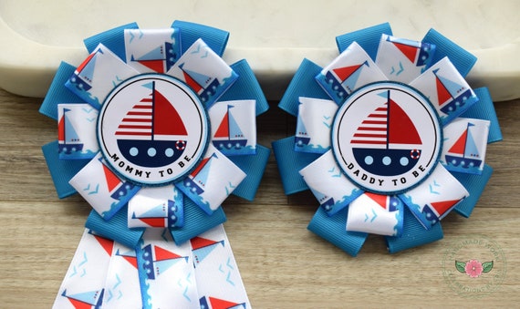 Boat Nautical Anchor Baby Shower, Boat Mommy To Be Ribbon Pin, Ahoy Nautical Daddy To Be Pin