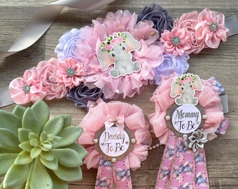 Pink Elephant Baby Shower, Girl Pink Elephant Maternity Sash, Pink Elephant Mommy To Be Ribbon, Daddy To Be Pin, Custom