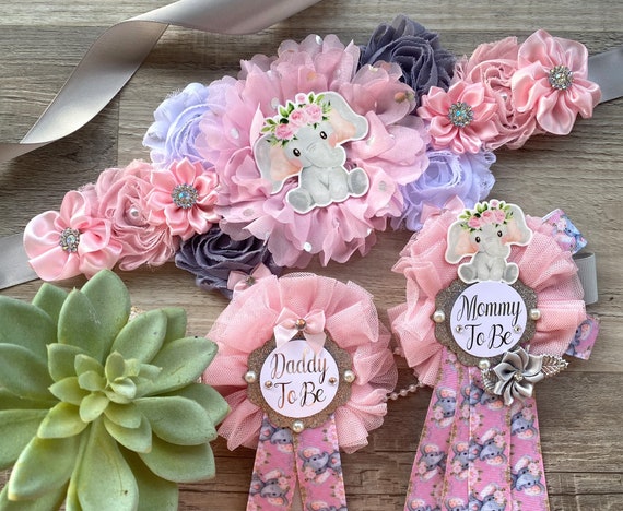 Pink Elephant Baby Shower, Girl Pink Elephant Maternity Sash, Pink Elephant Mommy To Be Ribbon, Daddy To Be Pin, Custom Order Welcome