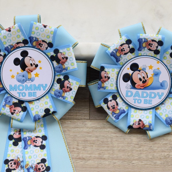 Boy Mouse Baby Shower, Blue Mommy To Be Ribbon Pin, Daddy To Be Corsage Pin, Big Sister Pin, Big Brother Pin