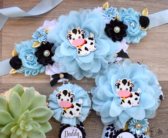 Blue Cow Baby Shower, Boy Cow Maternity Sash, Farm Boy Cow Mommy To Be Ribbon, Daddy To Be Ribbon, Baby Shower Gift, Custom