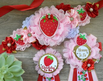 Strawberry Baby Shower, Girl Red Strawberry Maternity Sash, Mommy To Be Ribbon Pin, Daddy To Be Pin, Fruit Baby Shower, Custom